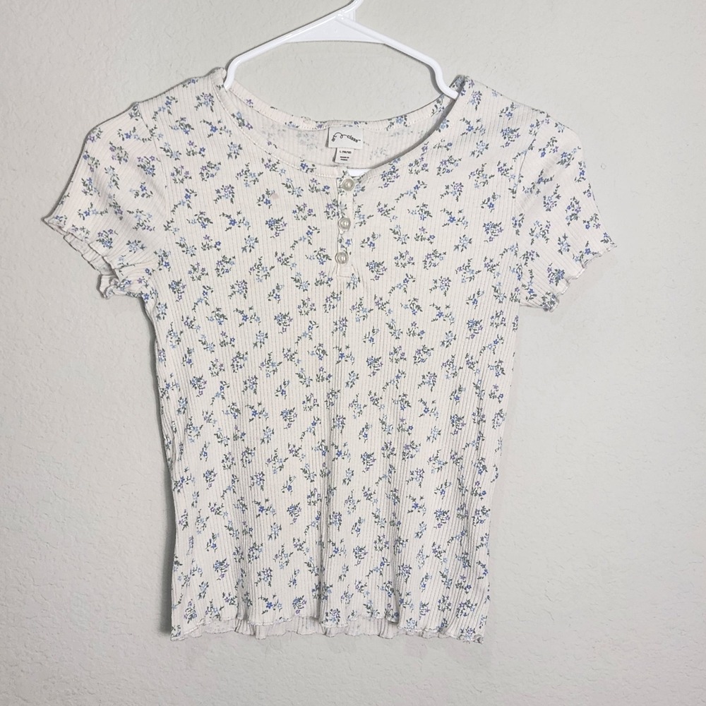 Art Class Girls L 10/12 Floral Ribbed Henley Top Cottagecore Coquette Blue